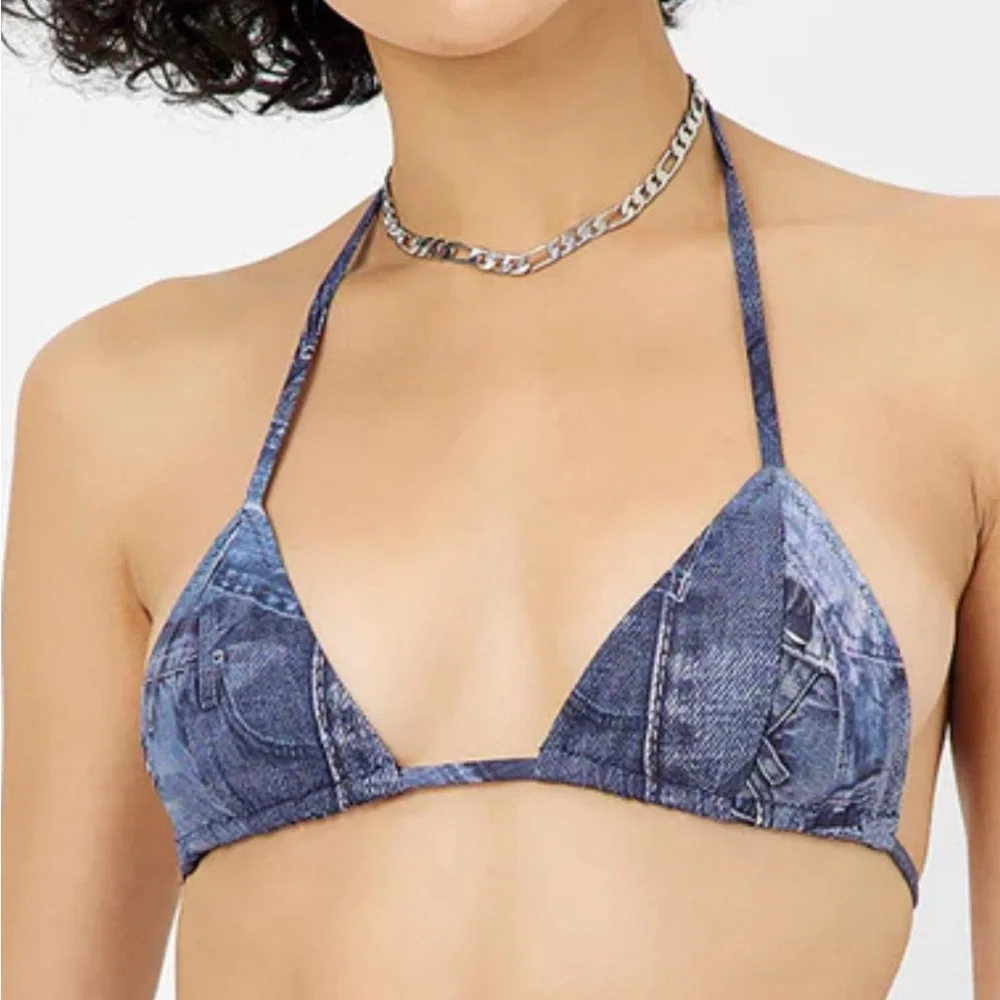 Frankie's Bikinis Blue Jean Triangle Bikini Top